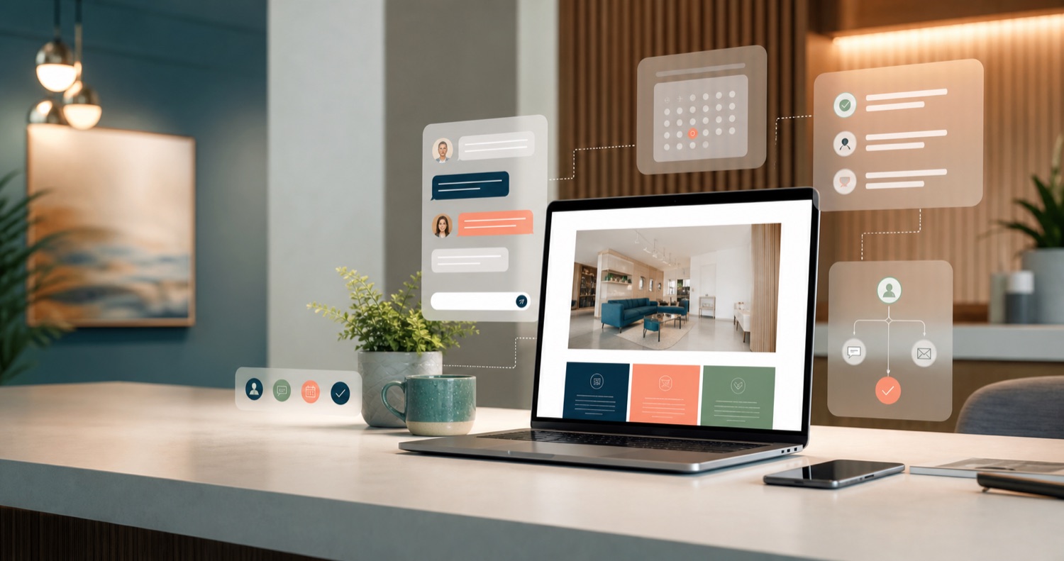 Modern business workspace with website, customer communication, scheduling, and business systems.